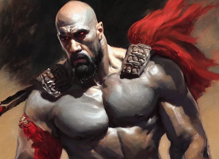 Image similar to a highly detailed beautiful portrait of the rock as kratos, by gregory manchess, james gurney, james jean