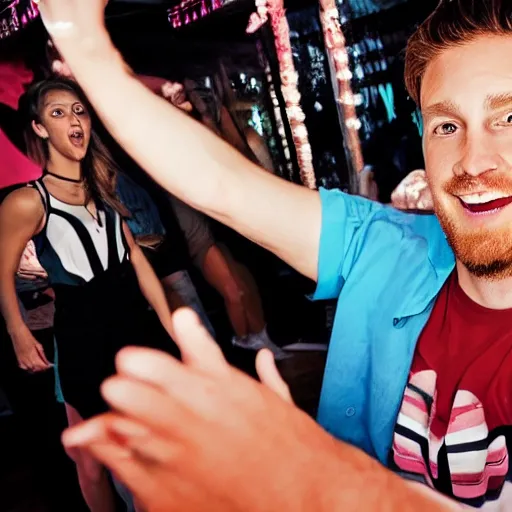 Image similar to photo of a 3 2 year old white man living thinking he's living the best life possible. he looks young for his age. he is at a dance club, it's as if he were in a music video. young woman are flocking to him and can be seen dancing around him in a seductive manner.