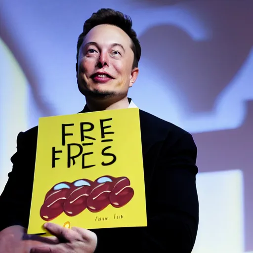 Image similar to Elon Musk holding a sign saying Free Hotdogs, highly detailed, high quality, HD, 4k, 8k, Canon 300mm, professional photographer, 40mp, lifelike, top-rated, award winning, realistic, sharp, no blur, edited, corrected, trending