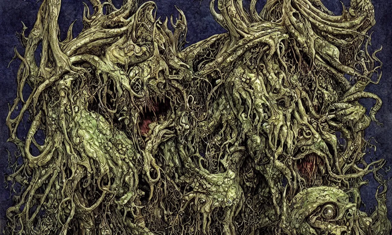 Image similar to hyperdetailed art nouveau portrait of treebeard as a cthulhu eyeball skull dragon monster, by micheal whelan, simon bisley and bill sienkiewicz, grim yet sparkling atmosphere, photorealism, claws, skeleton, antlers, fangs, forest, wild, crazy, horror, lynn varley, lovern kindzierski, steve oliff