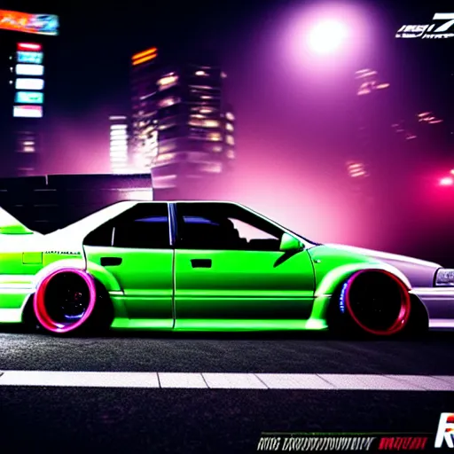 Image similar to a car JZX90 twin turbo drift at illegal car meet, Shibuya prefecture, city midnight mist lights, cinematic lighting, photorealistic, highly detailed wheels, high detail