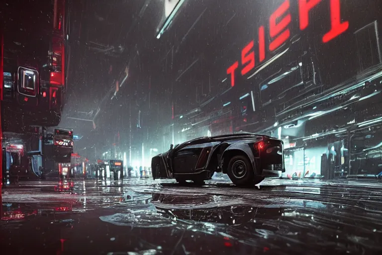 Prompt: a 2 8 mm closeup photo of a tesla cybertruck a on wet floor of a photo studio, intricate, hyper detailed, smooth, high contrast, volumetric lighting, octane, moebius, greg rutkowski, blade runner, ripley scott, synthwave, cinematic