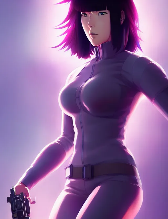 Image similar to a fullbody portrait of motoko kusanagi the major ghost in the shell : : stand alone complex, under repairs, maintenance : : by ilya kuvshinov, rossdraws, artgerm, sola digital arts, anti aliasing, raytracing : :