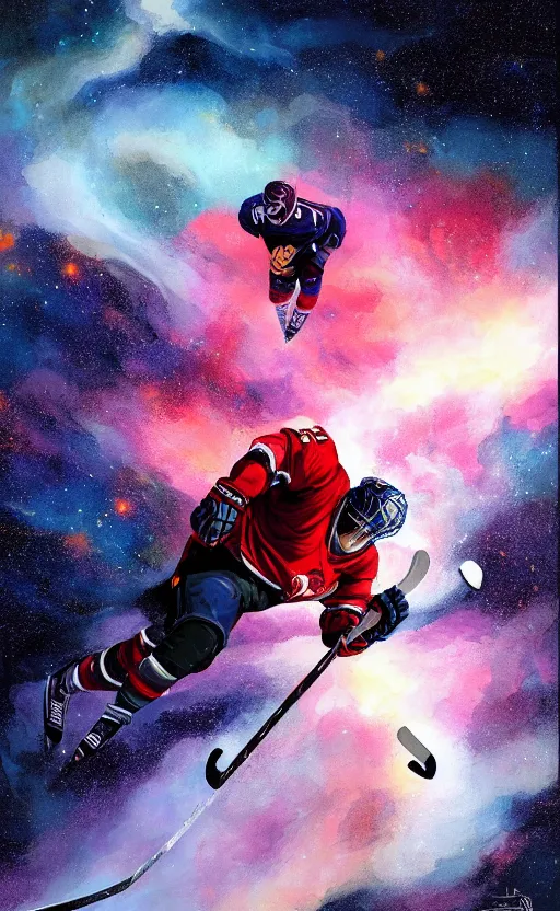 Prompt: a beautiful artwork illustration, hockey player riding through a galactic nebula, high contrast, high contrast, high contrast, vibrant colors, vivid colors, high saturation, by Greg Rutkowski and Jesper Ejsing and Raymond Swanland, featured on artstation, wide angle, vertical orientation