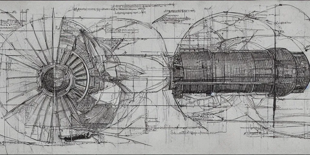 Image similar to leonardo da vinci color intricate full page scan blueprint of an environmental turbine machine, on paper, sketch ink style, :: ultra-detailed technical precision :: mixed media with white and silver lines, realistic composition, point of interest at golden ratio, light from right, more darkness on the bottom, monumentally art composition, high quality of sketching with subtle hairlines, highly detailed rounded forms, inside out and outside in, octane render