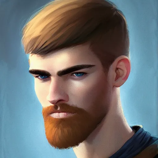 Prompt: tall chunky man in his twenties with brown blond short regular haircut and round facial structure with cleft chin, straight eyebrows, big light blue eyes, with a little smile, cheekbones, straight nose, wider face, shadow of beard, atmospheric lighting, painted, intricate, 4 k, highly detailed by charlie bowater