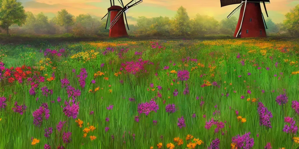 Prompt: scenic view of a flower meadow with a windmill, award - winning anime digital art