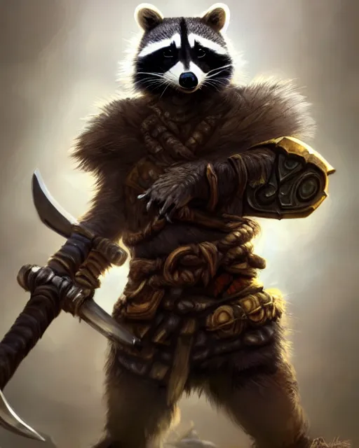 Prompt: closeup 2 8 mm anthropomorphic barbarian raccoon with a sword in a castle, d & d, fantasy, intricate, action pose, particle effects, highly detailed, digital painting, artstation, concept art, matte, sharp focus, volumetric lighting, illustration, hearthstone, art by artgerm, wlop, greg rutkowski and alphonse mucha