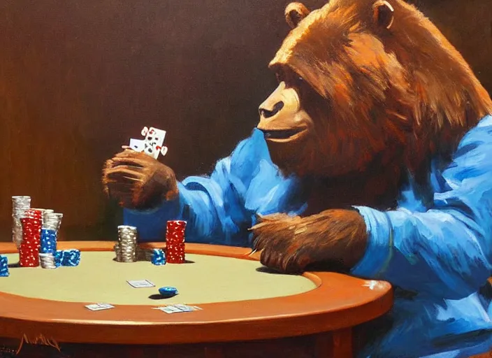 Prompt: one gorrila playing poker bear playing poker, highly detailed beautiful, by gregory manchess, james gurney, james jean