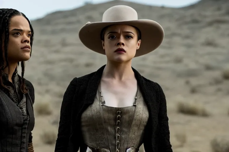 Image similar to evan rachel wood as hale and tessa thompson as dolores in westworld