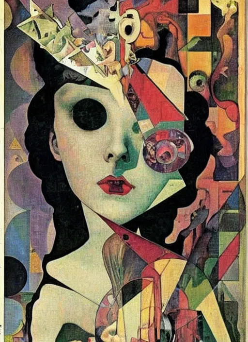 Prompt: Goth fractal girl, surreal Dada collage by Man Ray Kurt Schwitters Hannah Höch Alphonse Mucha