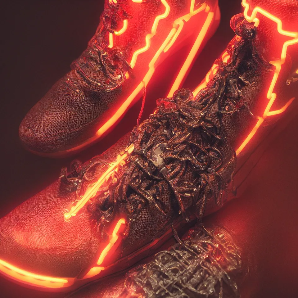Image similar to realistic 8 k sculpture of a cyberpunk sneaker with neon illuminated rubber soles and soft orange shoelaces, beautiful studio lighting, soft, sharp focus, cyberpunk, intricate detail, gold and red accents, soft rubber, octane render, trending on artstation, deviantart, art by converse