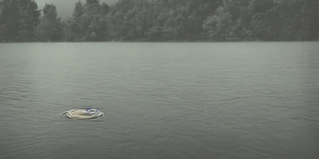 Image similar to centered photograph of a long rope snaking across the surface of the water, floating submerged rope stretching out towards the center of the lake, a dark lake on a cloudy day, mood, trees in the background, hyperedetailed photo, anamorphic lens