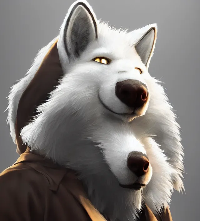 Image similar to a beautiful portrait of a handsome male anthropomorph white wolf furry fursona wearing a hoodie. character design by cory loftis, fenghua zhong, ryohei hase, ismail inceoglu and ruan jia. artstation, volumetric light, detailed, photorealistic, rendered in octane