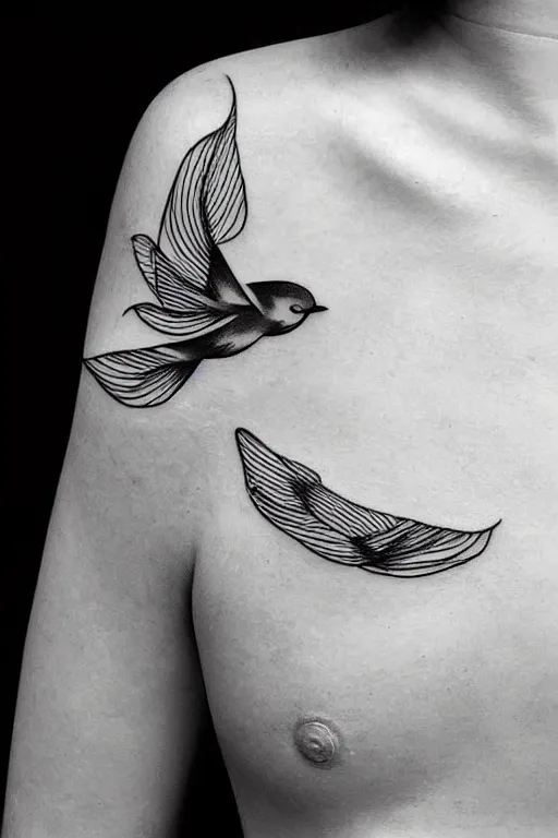 Image similar to a beautiful tattoo design of minimalist swallows flying into spherical lines and simple basic shapes, black ink, abstract logo, line art