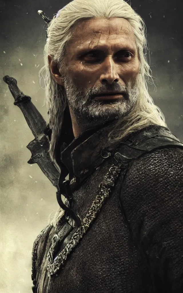 Image similar to mads mikkelsen as vesemir from the witcher, artstation, by camille corot, cinematic, dramatic, filmic, 8 k, moody lighting, cinematic lighting, insanely detailed and intricate, hypermaximalist, elegant, ornate, hyper realistic, super detailed