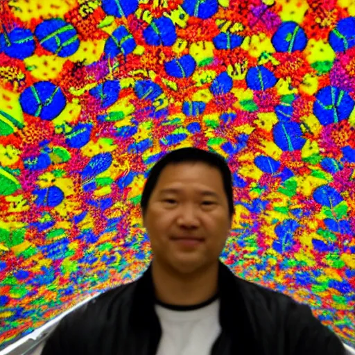 Image similar to a man standing in a tunnel with a colorful background, an abstract sculpture by huang ding, featured on dribble, interactive art!!!!!, made of insects!, biomorphic, irridescent!!
