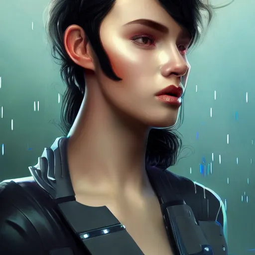 Prompt: portrait of a beautiful dark - haired androgynous space ranger, soft lightning, high detailed, intricate, elegant, smooth, sharp focus, cyberpunk, high contrast, artstation, art by lily abdullina and borja pindado,