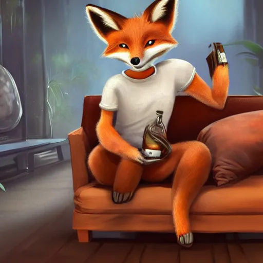 Image similar to an anthropomorphic fox wearing a t-shirt and jeans sitting on a couch, 8k resolution matte fantasy painting, cinematic lighting, DeviantArt, Artstation, furry, anthro, anthropomorphic, furaffinity