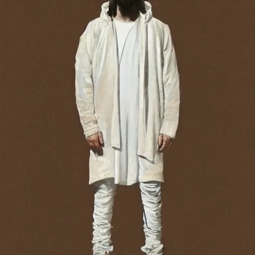 Image similar to a full body lookbook portrait of modern day jesus wearing cream fear of god menswear collection by nicola samori, hat and hoodie, detailed, oil painting, hyper realistic, 8 k, yeezy collection