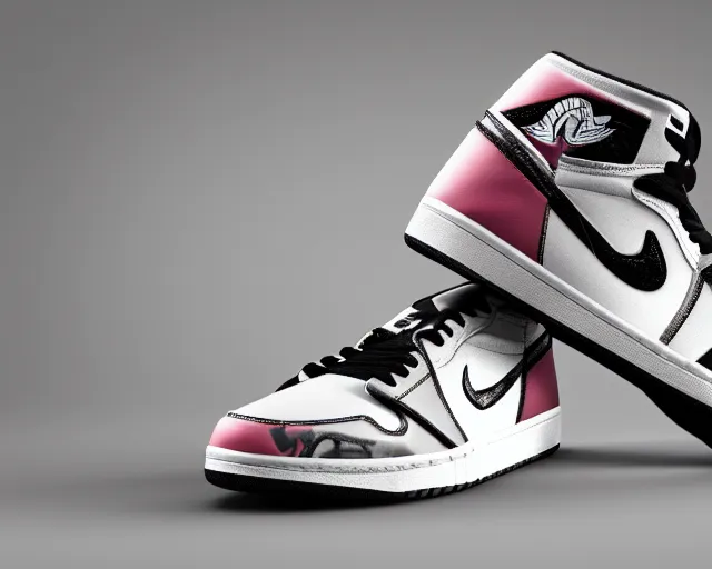 Image similar to 3D render of mid height air jordan sneakers with joker design, cinematic, studio lighting, award winning