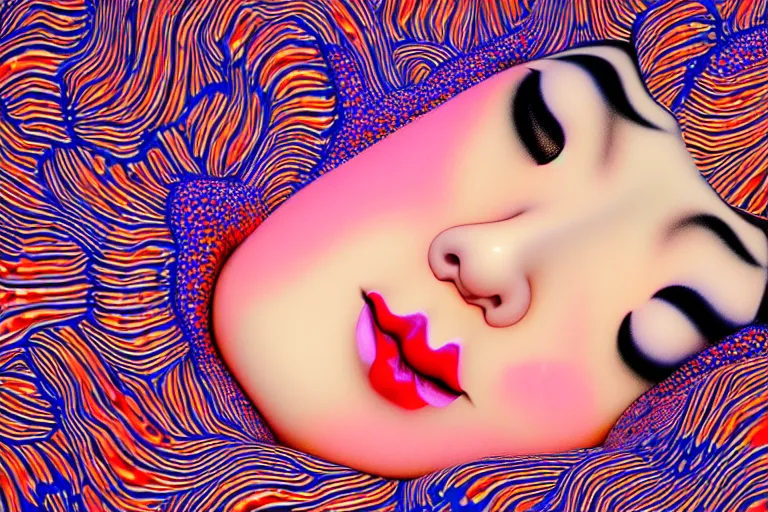 Image similar to hyperrealistic detailed image of a geisha laying in a art installation room, minimal psychedelic background by yayoi kusama, part by kei mieno, part by alex gray, part by ross tran, part by james jean, ultra realistic, highly detailed, life like face, detailed body, 8 k, octane render, trending on artstation, very cohesive, masterpiece