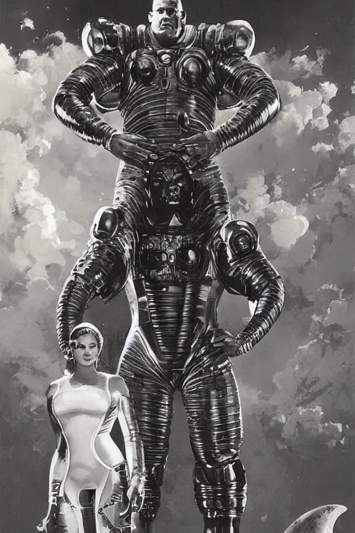 Image similar to full body portrait of gigantic martyn ford as mayan god standing beside elegant space woman in latex spacesuit, by norman rockwell, jack kirby, jon berkey, earle bergey, craig mullins, ruan jia, jeremy mann, tom lovell, marvel, astounding stories, 5 0 s pulp illustration, scifi, fantasy, artstation creature concept