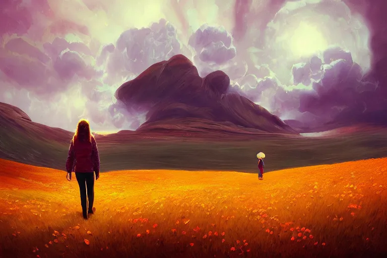 Image similar to giant dahlia flower as a head, girl walking on mountain, surreal photography, stars, dramatic light, impressionist painting, storm clouds, digital painting, artstation, simon stalenhag