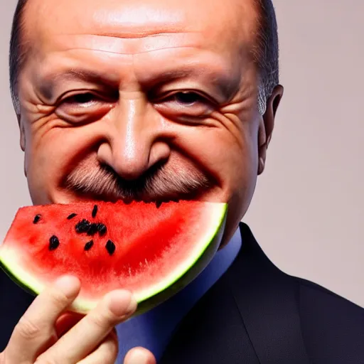 Image similar to recep tayyip erdogan smiling holding watermelon, studio photograph, hd, studio