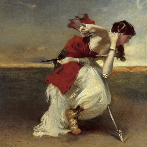 Prompt: young victorian woman fighting a monster, by alfred stevens