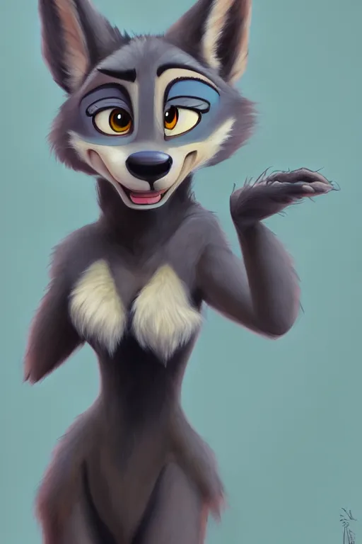 Image similar to oil painting of anthromorphic female wolf, in style of zootopia, female fursona, furry, furaffinity, 4 k, deviantart, furry art, fursona art, wearing black business suit, business suit, wolf fursona, female, very expressive detailed feminine face,