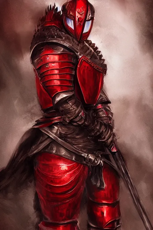 Image similar to a knight in red armour that's scaling, looking angry, one eye is red, scars on the face, long wavy red hair, male, with a black sword, artstation, in the style of Ami Thompson, digital, detailed