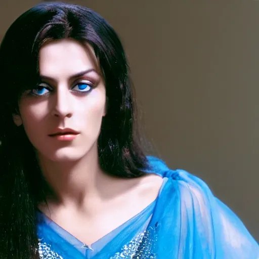 Prompt: young Monica Belluci as an Arab woman, tanned skintone, bright blue eyes, white transparent veil, glare face, light blue dress portrait