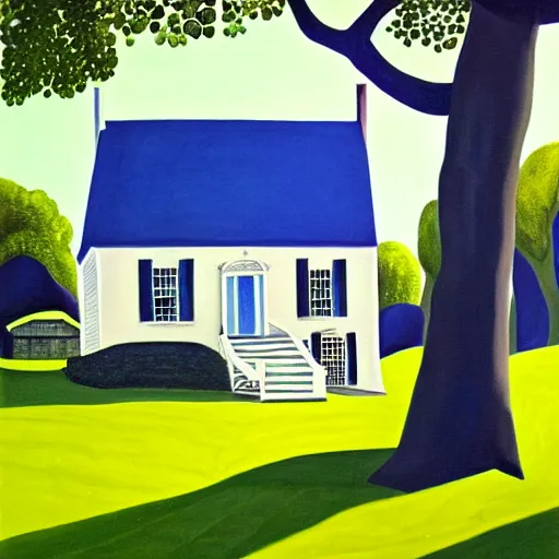 Prompt: a painting of a blue house under a tree, a gouache by charles e. burchfield, behance contest winner, american scene painting, storybook illustration, photoillustration, detailed painting