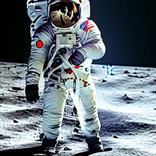 Prompt: photo of an astronaut wearing a mercury suit holding an electric guitar on the moon. detailed