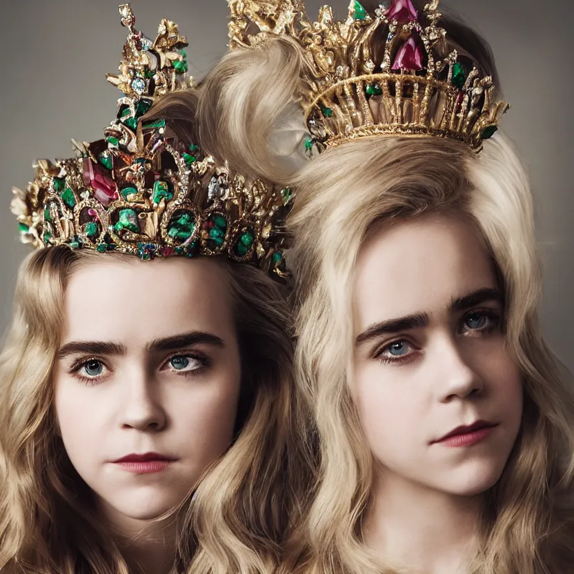 Image similar to kiernan shipka as queen, big crown adorned with emerald, diamonds, topaz and other jewellaries, sensual, beautiful soft light failling on her face, studio photography, nikon 3 5 mm portrait photography, ultra realistic