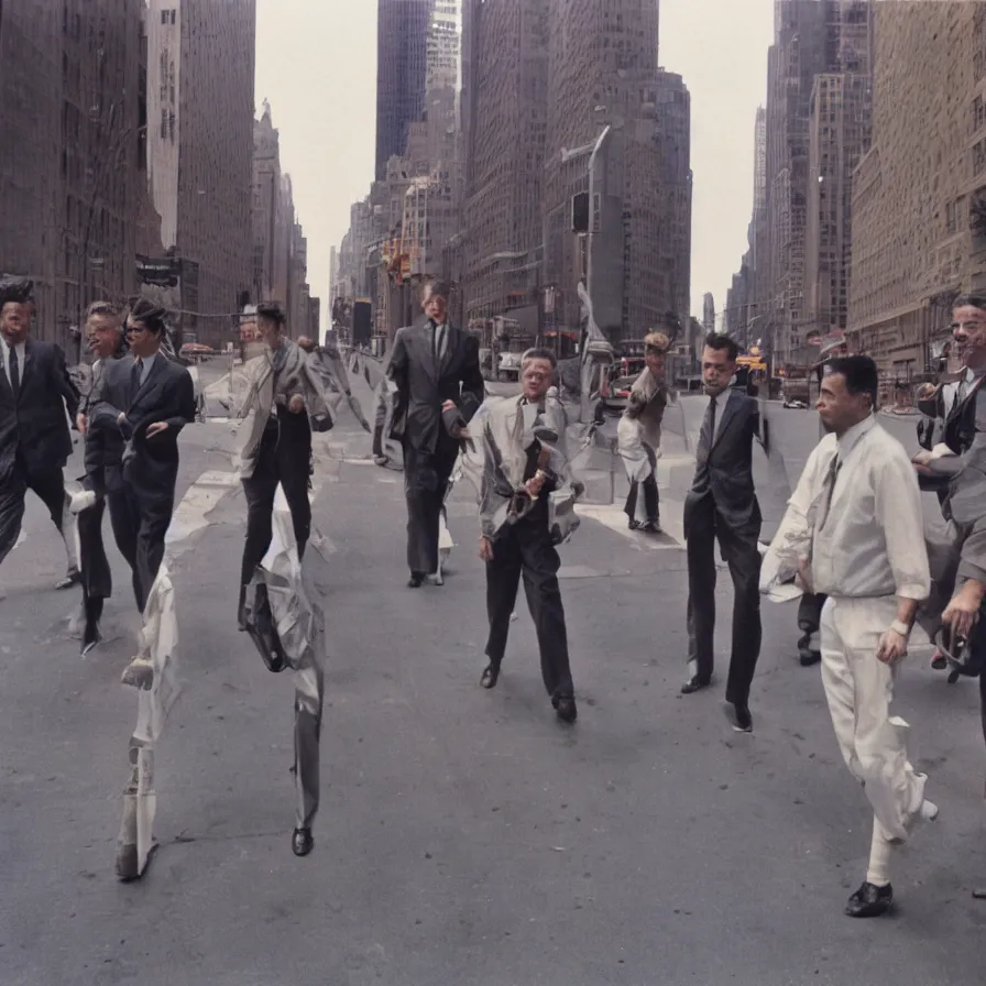 Image similar to a group of men walking down a street next to tall buildings in new york, ultra detailed hyper realistic lifelike, photographed on colour film, 1 9 6 0 s, photo taken with ektachrome, featured on flickr, film grain