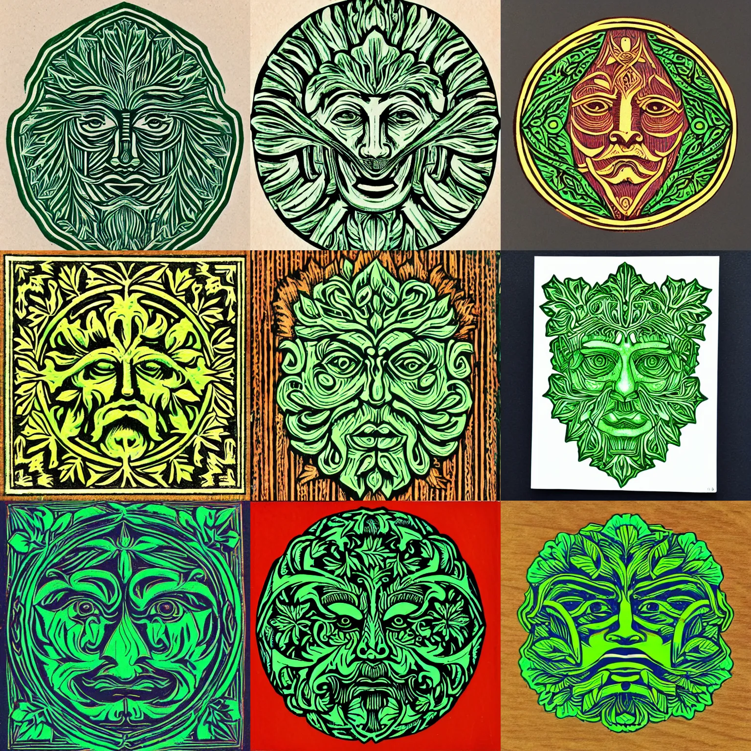 Prompt: a symmetrical green man design, coloured woodcut