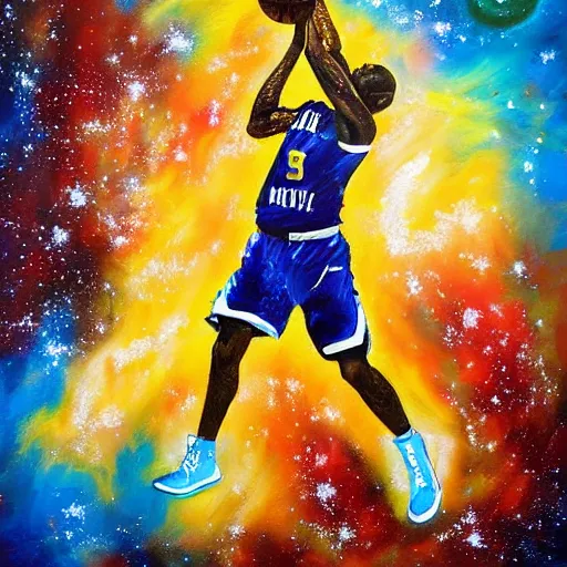 Image similar to an expressive oil painting of a basketball player dunking, depicted as an explosion of a nebula