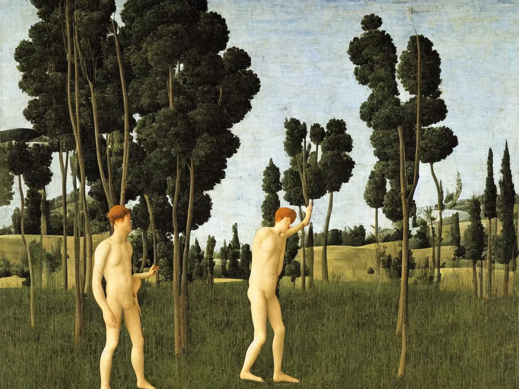 Prompt: Young man looking at a broken mirror in a meadow with tall grass, a river and cypresses. Painting by Piero della Francesca.