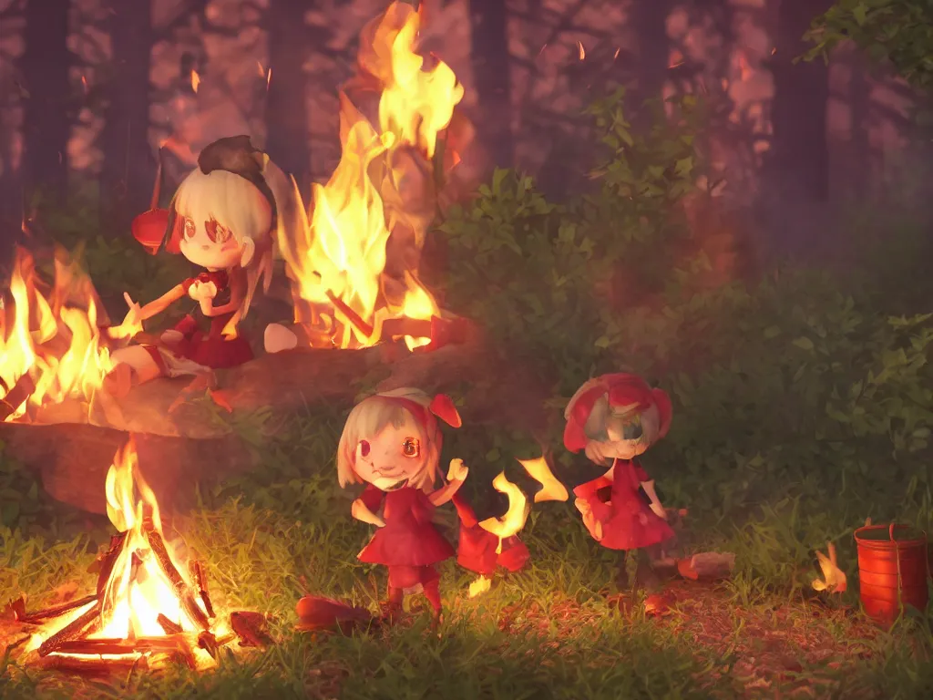 Image similar to cute fumo plush pyromaniac girl giddily starting a fire in the forest, campfire, flames, warm glow and volumetric smoke vortices, vray