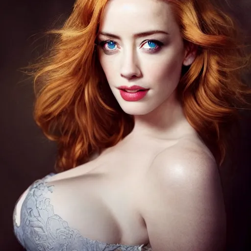 Image similar to photo of a gorgeous christina hendricks amber heard hybrid by mario testino, realistic, professionally, professionally color graded, half body shot, victoria's secret, sharp focus, 8 k high definition, insanely detailed, intricate, elegant, sony a 7 r