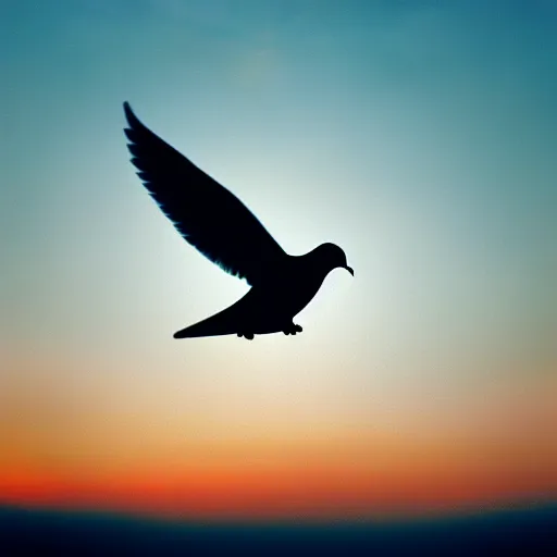 Prompt: Realistic shot of a dove flying over the clouds at sunset, ethereal, vintage photograph, film grain, surreal, awe-inspiring, highly detailed