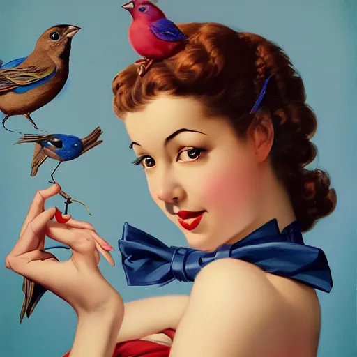 Image similar to portrait of a pinup girl holding an indigo bunting, bird, the bird is wearing a bowtie, by greg rutkowski, rossdraws, gil elvgren, enoch bolles, anime, porcelain skin, very coherent