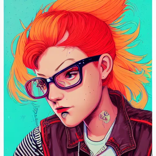 Image similar to portrait painting of a teenage girl with swept back wild orange hair and punk clothes, sharp focus, award - winning, trending on artstation, masterpiece, highly detailed, intricate. art by josan gonzales and moebius and deathburger