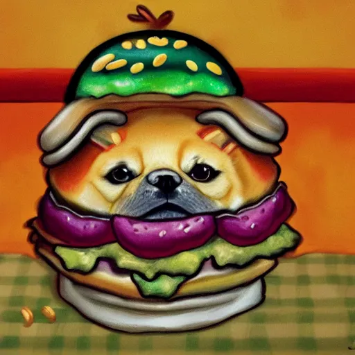 Prompt: a shiba inu dog inside a magical hamburger revealing your fate, oil painting