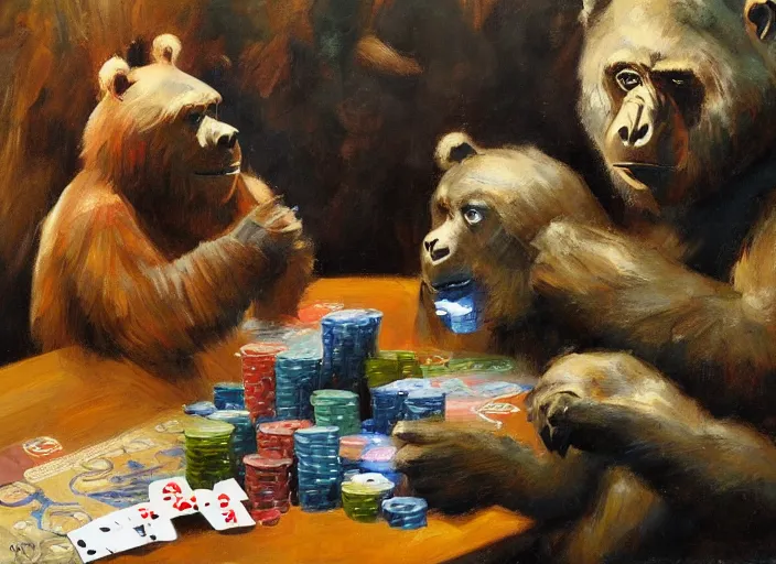 Image similar to gorrila and bear, playing poker highly detailed beautiful, by gregory manchess, james gurney, james jean