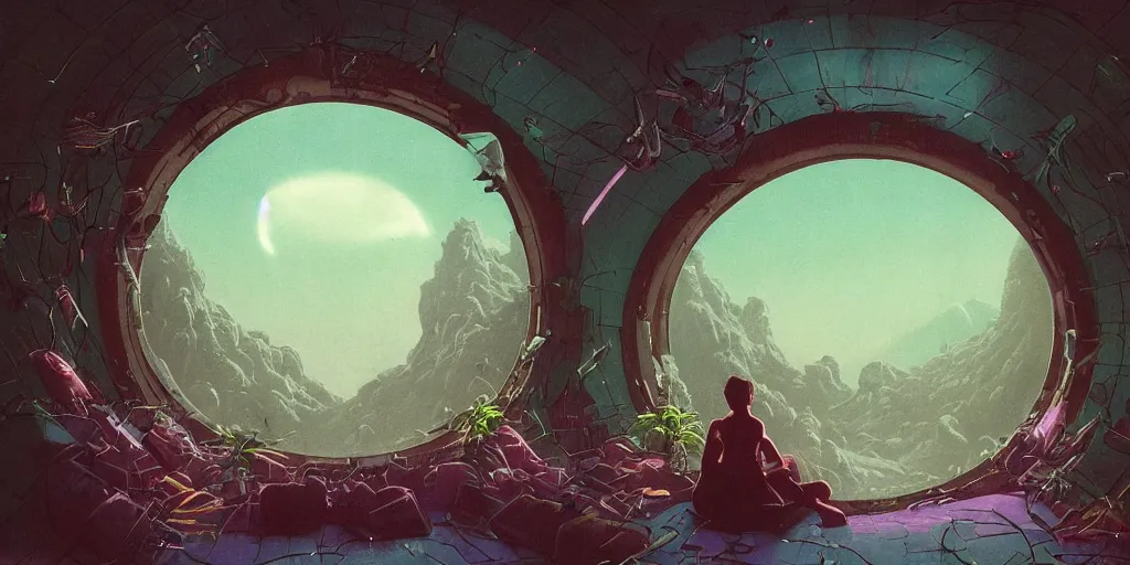 Prompt: 90s interior with circular windows, natural starlight, bright colors, romantic greenery, flowers, cinematic, cyberpunk, smooth, chrome, lofi, nebula, calming, dramatic, fantasy, by Moebius, by zdzisław beksiński, fantasy LUT, studio ghibli, high contrast, epic composition, sci-fi, dreamlike, surreal, angelic, 8k, unreal engine, hyper realistic, fantasy concept art,