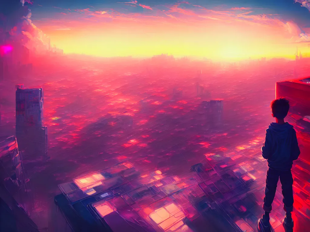 Image similar to a painting of a boy on top of a building watching a colorful sunrise futuristic city surrounded by clouds, cyberpunk art by yoshitaka amano and alena aenami, cg society contest winner, retrofuturism, matte painting, apocalypse landscape, cityscape