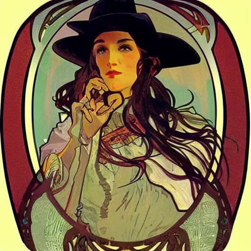 Prompt: wild west hero, painted by alphonse mucha